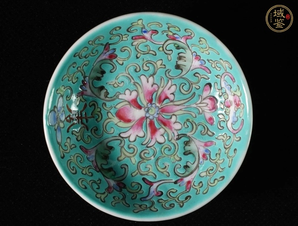 古玩陶瓷花間壽字紋粉彩盤真品鑒賞圖