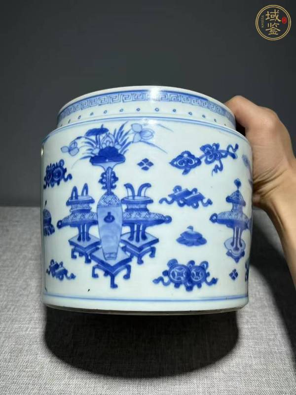 古玩陶瓷青花松鹿博古圖粥罐真品鑒賞圖
