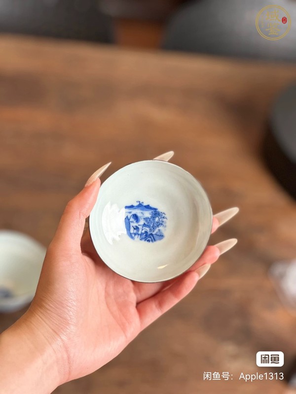 古玩陶瓷光緒樵漁耕讀山水紋青花蓋碗真品鑒賞圖