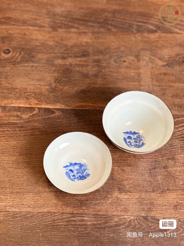 古玩陶瓷光緒樵漁耕讀山水紋青花蓋碗真品鑒賞圖