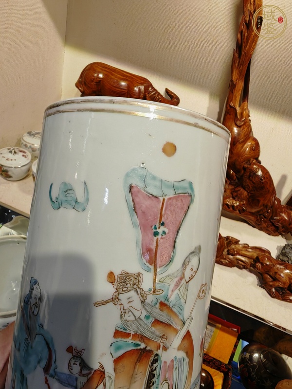 古玩陶瓷粉彩福祿壽喜人物故事紋帽筒真品鑒賞圖