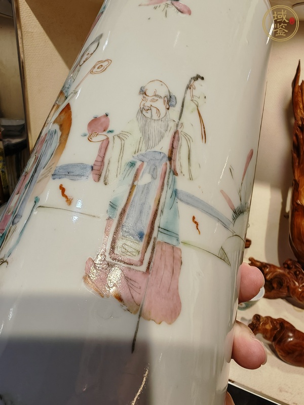 古玩陶瓷粉彩福祿壽喜人物故事紋帽筒真品鑒賞圖