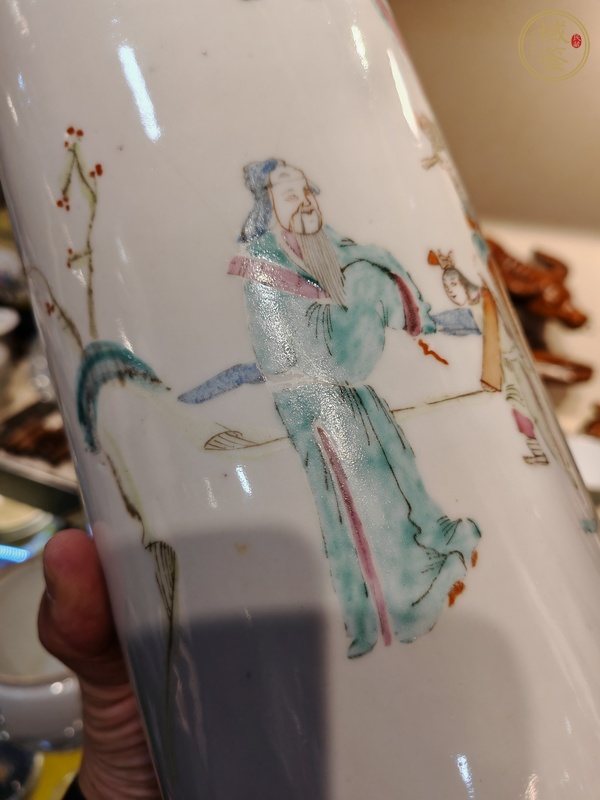 古玩陶瓷粉彩福祿壽喜人物故事紋帽筒真品鑒賞圖
