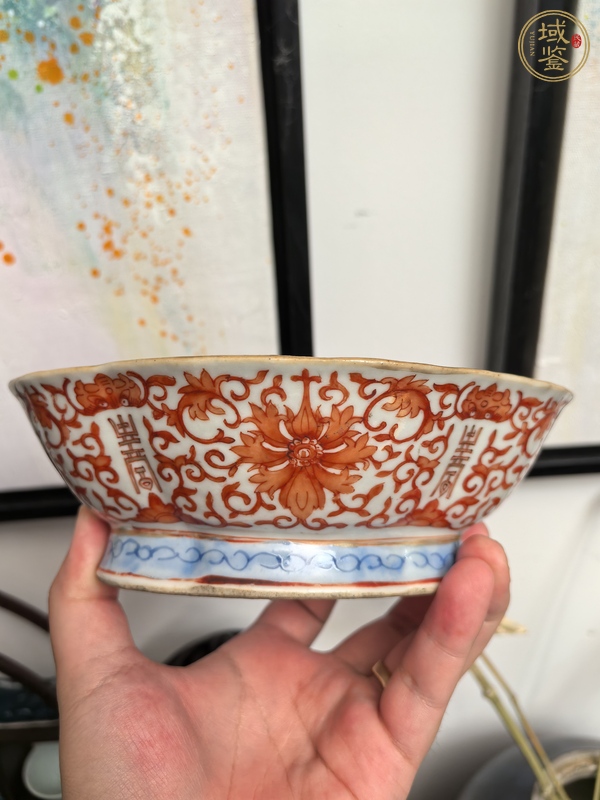 古玩陶瓷礬紅彩福壽紋貢碗真品鑒賞圖