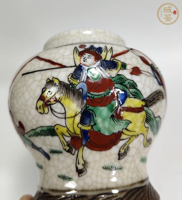 古玩陶瓷哥釉五彩刀馬人物戰(zhàn)將紋罐真品鑒賞圖