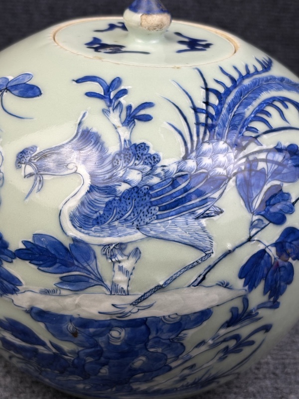 古玩陶瓷豆青釉青花加白鳳穿牡丹紋西瓜罐拍賣，當前價格3888元