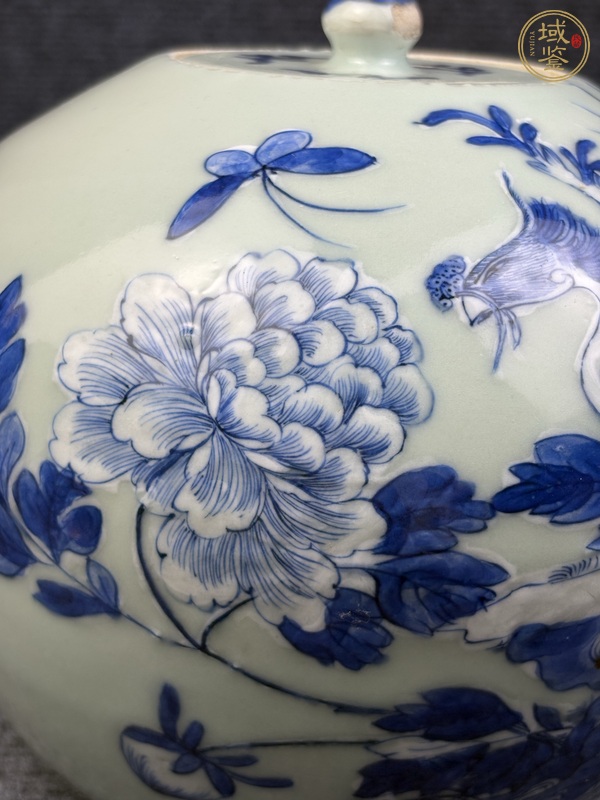古玩陶瓷豆青釉青花加白鳳穿牡丹紋西瓜罐真品鑒賞圖