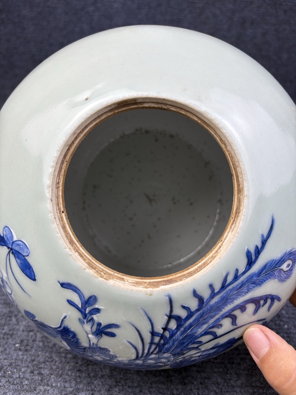 古玩陶瓷豆青釉青花加白鳳穿牡丹紋西瓜罐拍賣，當前價格3888元