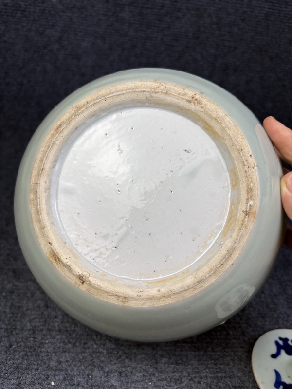 古玩陶瓷豆青釉青花加白鳳穿牡丹紋西瓜罐拍賣，當前價格3888元