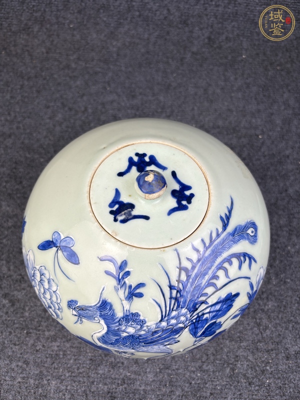 古玩陶瓷豆青釉青花加白鳳穿牡丹紋西瓜罐真品鑒賞圖