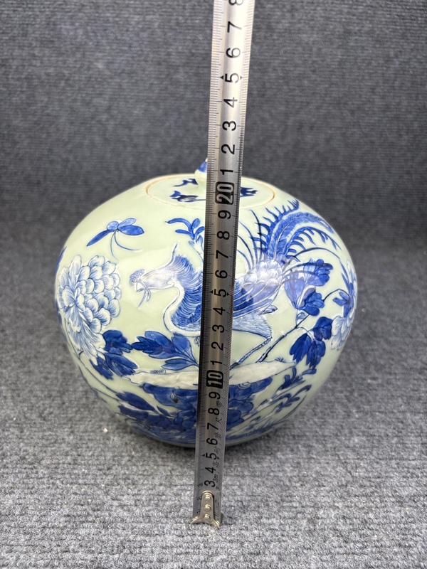 古玩陶瓷豆青釉青花加白鳳穿牡丹紋西瓜罐拍賣，當前價格3888元