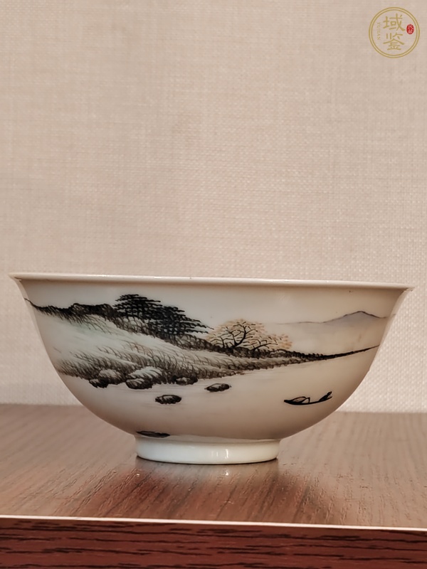 古玩陶瓷淺絳彩山水人物茶碗真品鑒賞圖