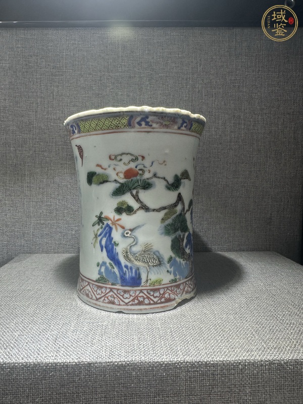 古玩陶瓷粉彩松鶴詩文筆筒真品鑒賞圖