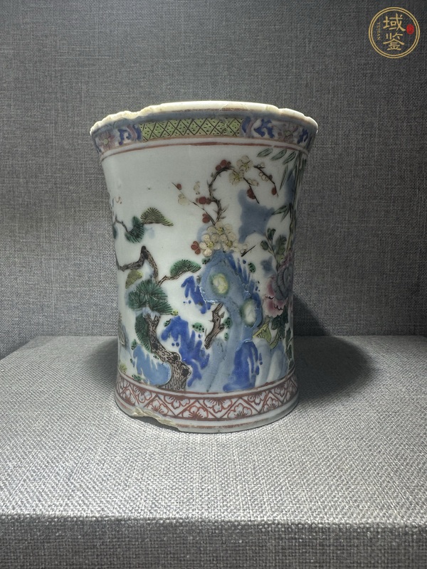 古玩陶瓷粉彩松鶴詩文筆筒真品鑒賞圖