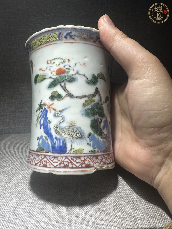 古玩陶瓷粉彩松鶴詩文筆筒真品鑒賞圖