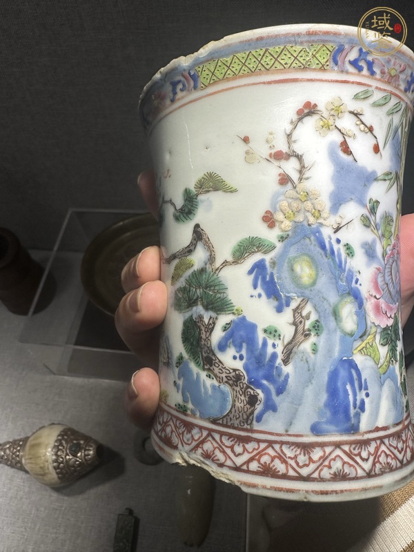 古玩陶瓷粉彩松鶴詩文筆筒真品鑒賞圖