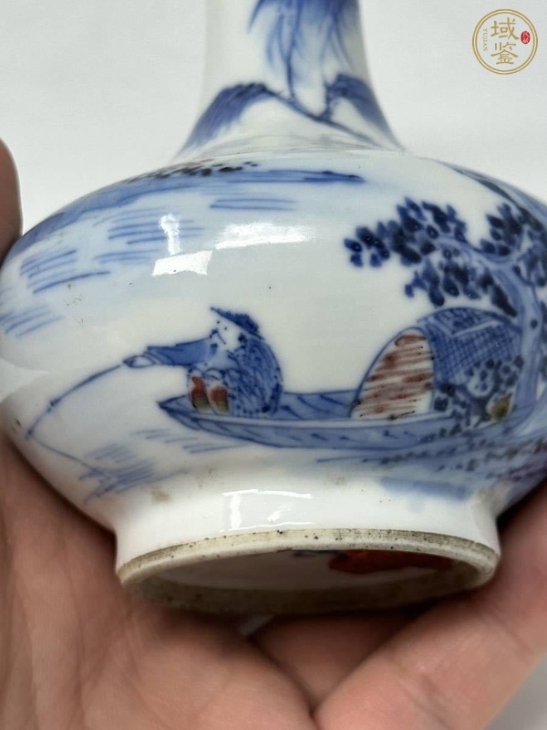 古玩陶瓷青花釉里紅垂釣圖撇口瓶真品鑒賞圖