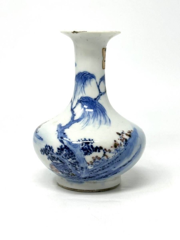 古玩陶瓷青花釉里紅垂釣圖撇口小瓶拍賣,當前價格16999元