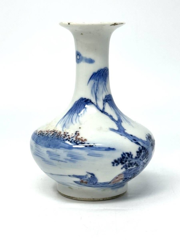 古玩陶瓷青花釉里紅垂釣圖撇口小瓶拍賣,當前價格16999元