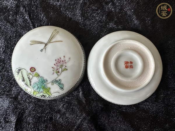 古玩陶瓷菊花蜻蜓粉彩印泥盒真品鑒賞圖