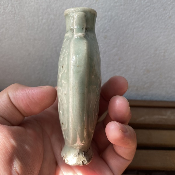 古玩陶瓷清中期豆青釉夔龍壽字雙系瓶拍賣(mài)，當(dāng)前價(jià)格980元