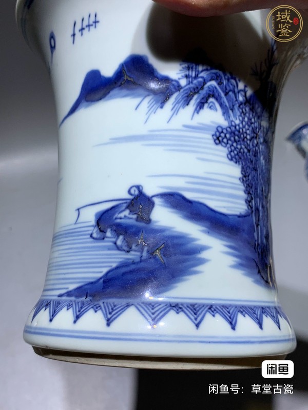 古玩陶瓷人物山水紋青花束腰筆筒真品鑒賞圖