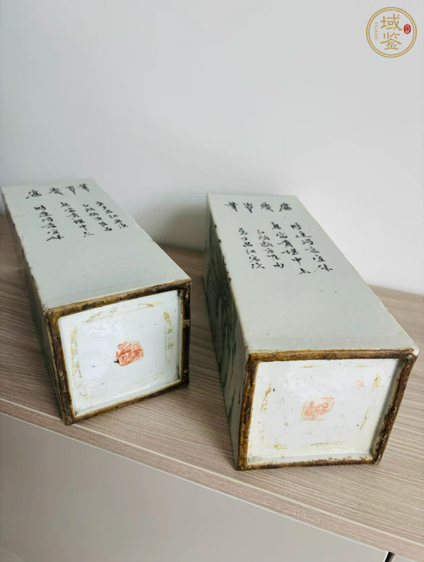 古玩陶瓷光緒淺絳彩山水花鳥紋四方帽筒真品鑒賞圖