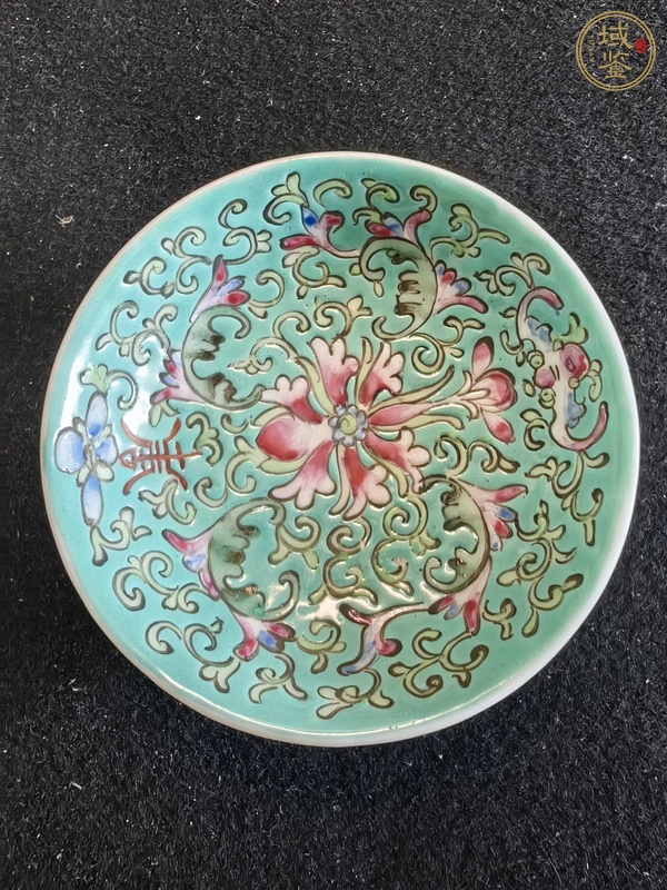 古玩陶瓷松石綠粉彩花卉紋盤真品鑒賞圖