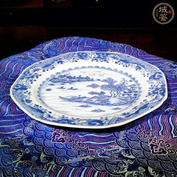 古玩陶瓷清乾隆·青花山水垂釣圖八方盤真品鑒賞圖