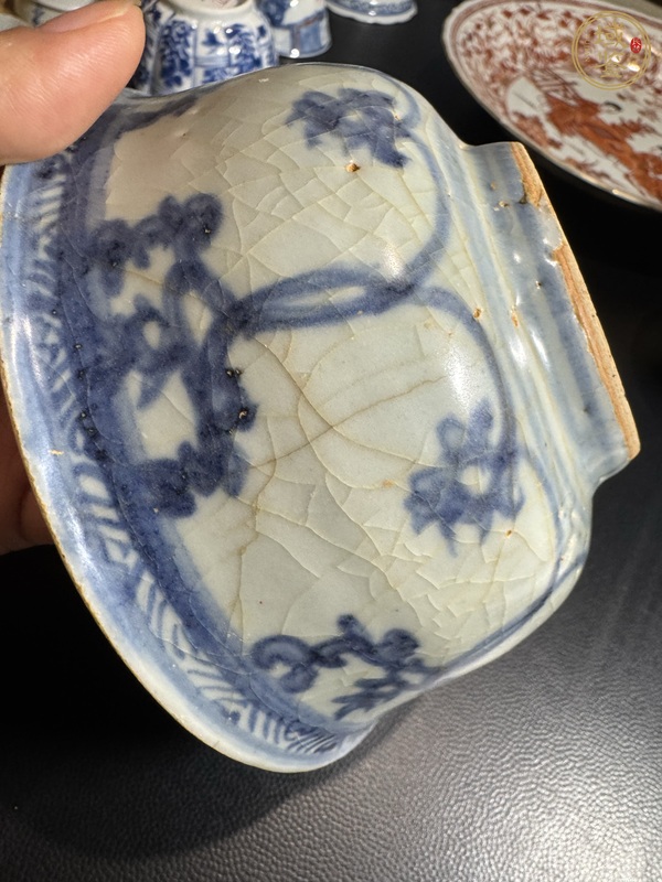 古玩陶瓷青花十字杵紋茶碗真品鑒賞圖