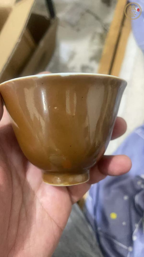 古玩陶瓷外紫金釉內(nèi)青花金玉滿堂仰鐘杯真品鑒賞圖