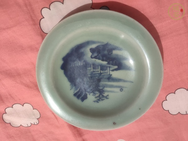 古玩陶瓷豆青釉青花山水紋盤真品鑒賞圖