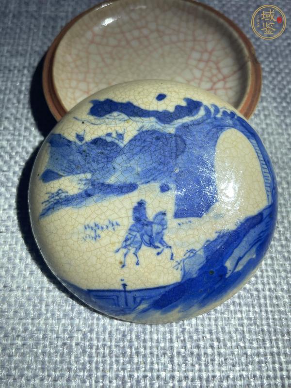 古玩陶瓷煨瓷青花山水人物印盒真品鑒賞圖
