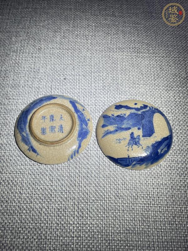 古玩陶瓷煨瓷青花山水人物印盒真品鑒賞圖