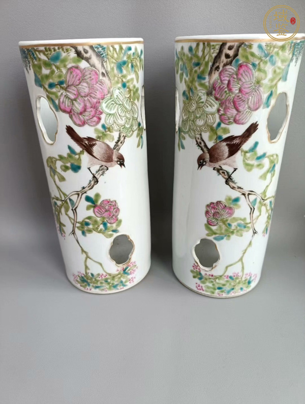 古玩陶瓷花鳥紋淺絳彩帽筒真品鑒賞圖