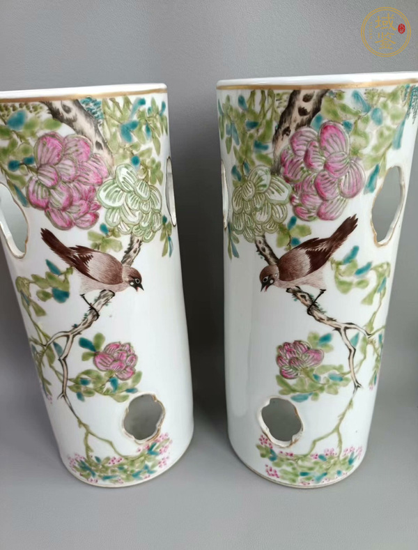 古玩陶瓷花鳥紋淺絳彩帽筒真品鑒賞圖
