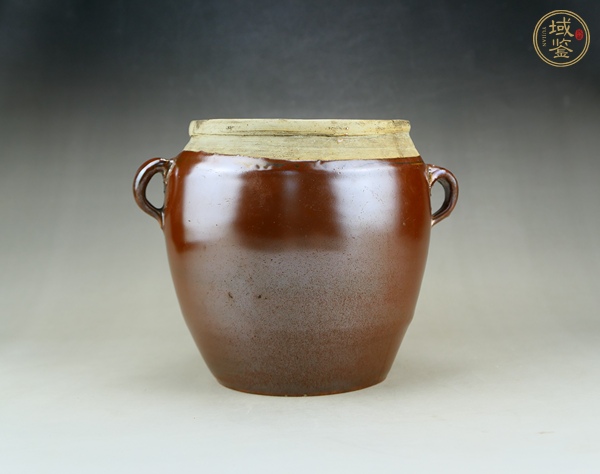 古玩陶瓷定窯系柿紅釉白覆輪雙系罐真品鑒賞圖
