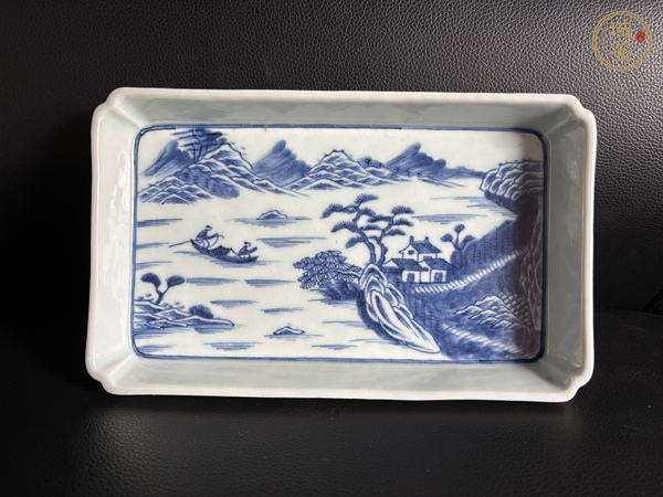 古玩陶瓷青花山水人物長方茶盤真品鑒賞圖