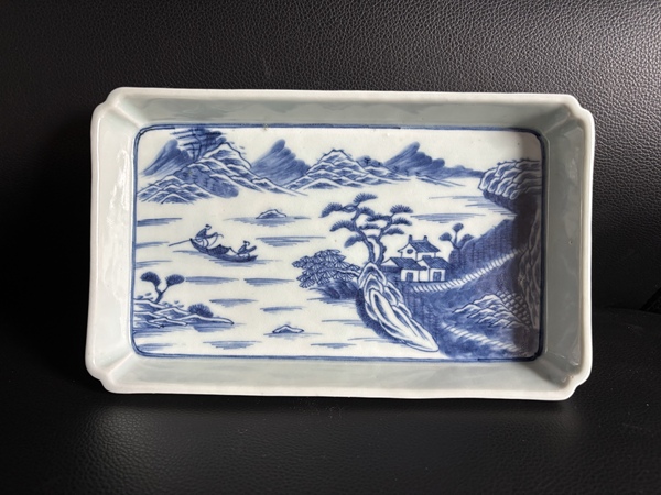 古玩轉賣清 道光青花山水人物長方茶盤拍賣，當前價格550元