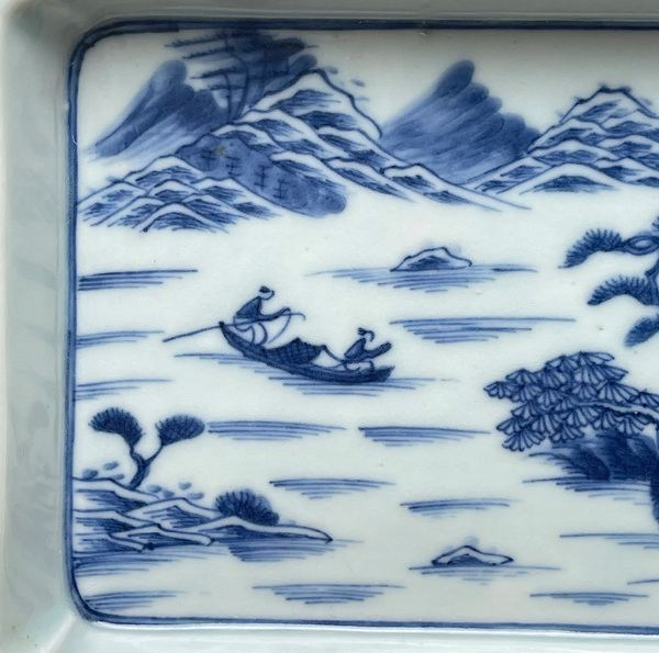 古玩陶瓷清 道光青花山水人物長(zhǎng)方茶盤拍賣，當(dāng)前價(jià)格12888元