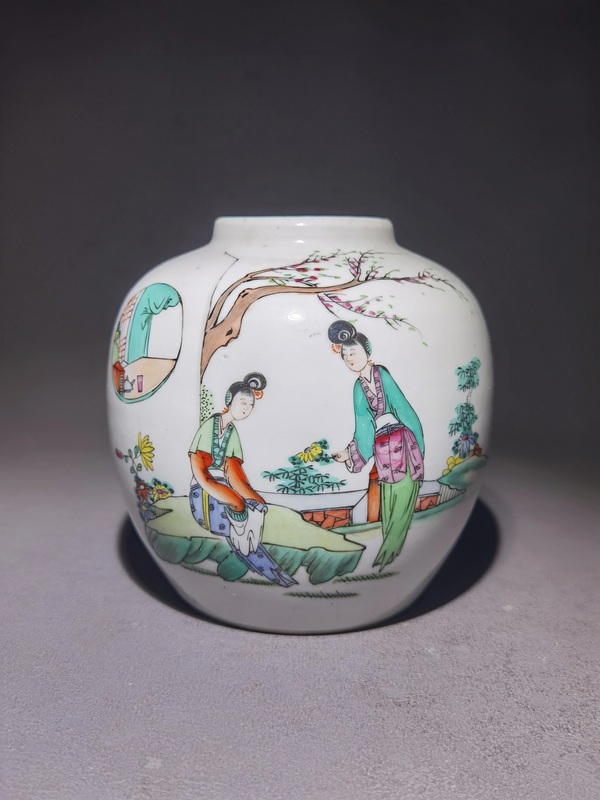 古玩陶瓷民國仕女紋粉彩罐拍賣，當(dāng)前價格1200元