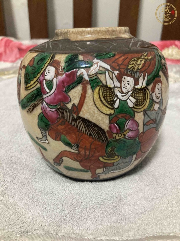 古玩晚清五彩鐵骨泥人物刀馬旦罐真品鑒賞圖