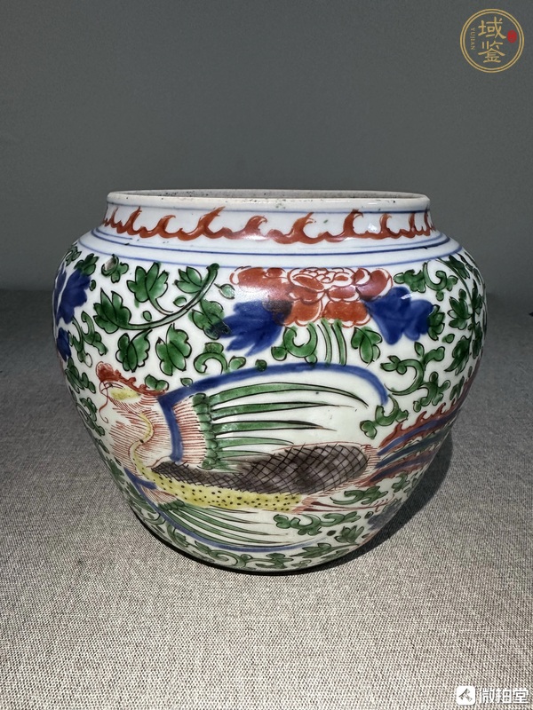 古玩陶瓷青花五彩鳳穿牡丹紋罐真品鑒賞圖