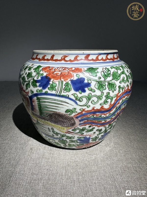 古玩陶瓷青花五彩鳳穿牡丹紋罐真品鑒賞圖