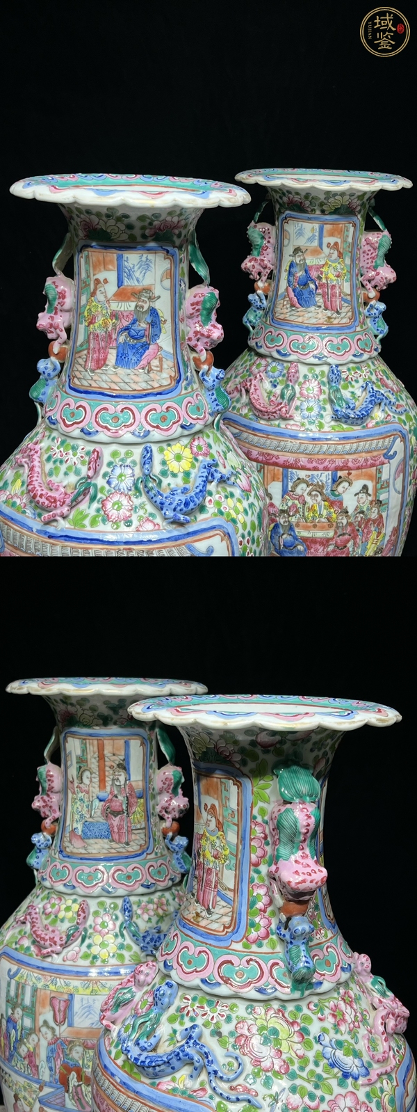 古玩陶瓷粉彩人物故事紋花口瓶真品鑒賞圖