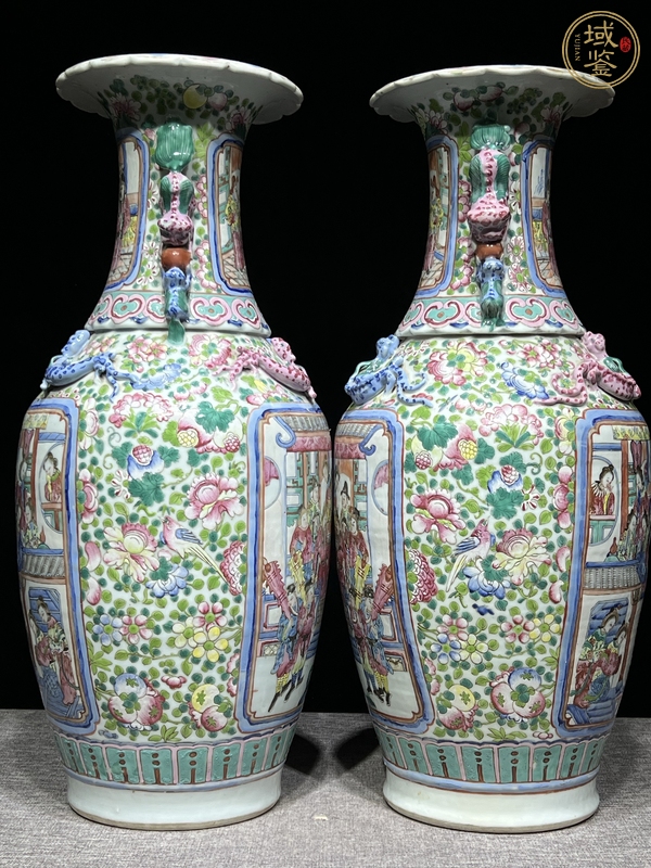 古玩陶瓷粉彩人物故事紋花口瓶真品鑒賞圖