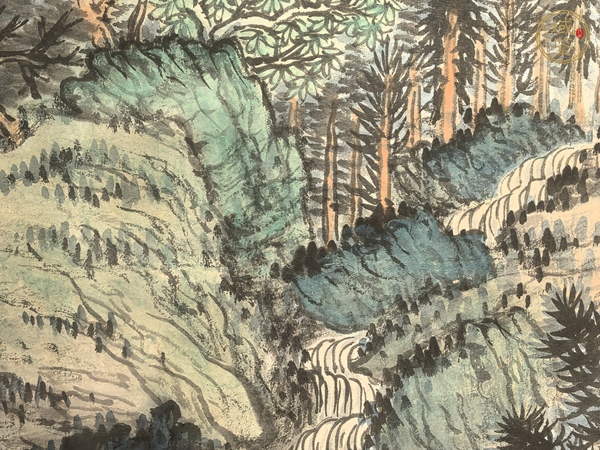 古玩字畫蕭遜款青綠山水立軸真品鑒賞圖