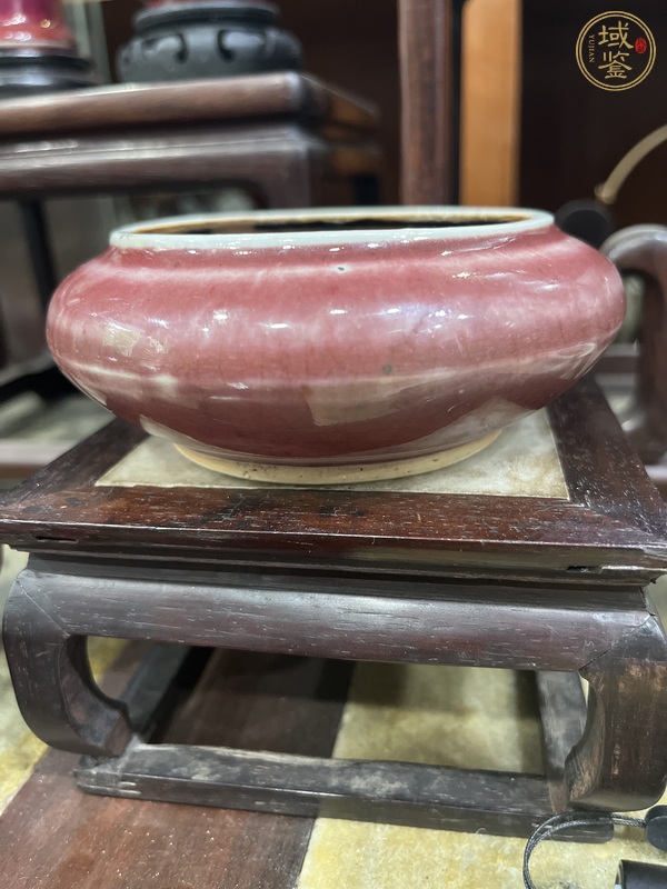 古玩陶瓷晚清郎紅釉水盂真品鑒賞圖