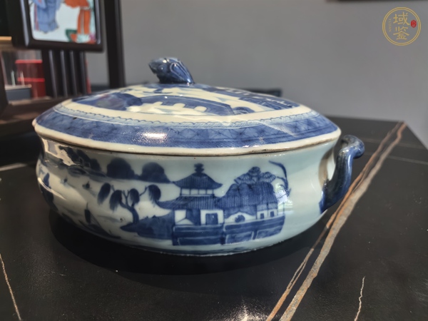 古玩陶瓷青花山水人物紋蓋鍋真品鑒賞圖