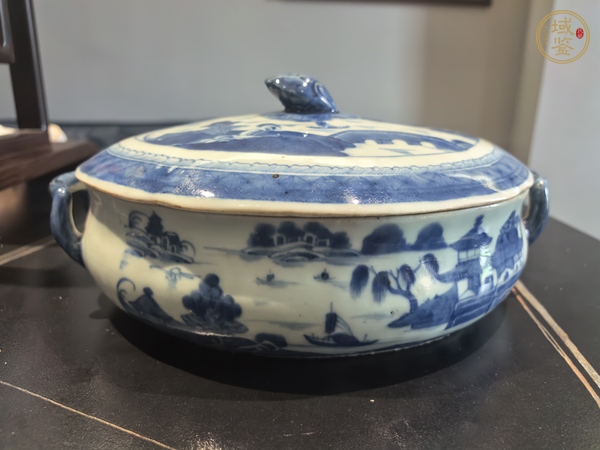 古玩陶瓷青花山水人物紋蓋鍋真品鑒賞圖